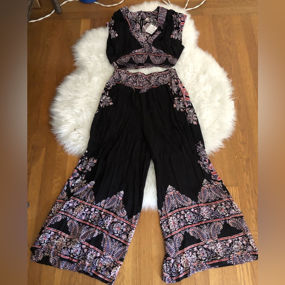 Free People Nile River Set Boho Crop Top Black Wide Leg‎ Pants Size XS New